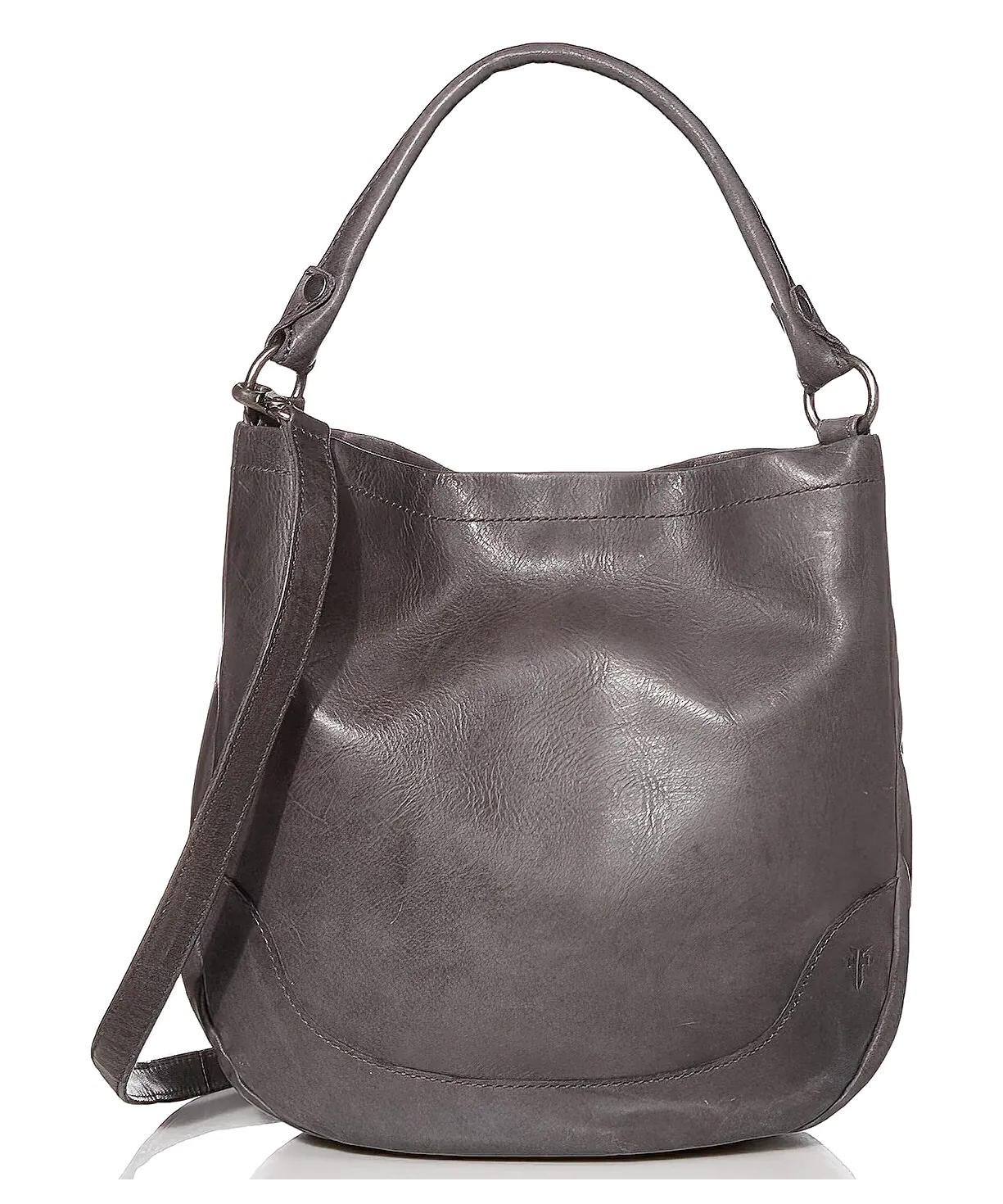 A stylish grey leather hobo bag
