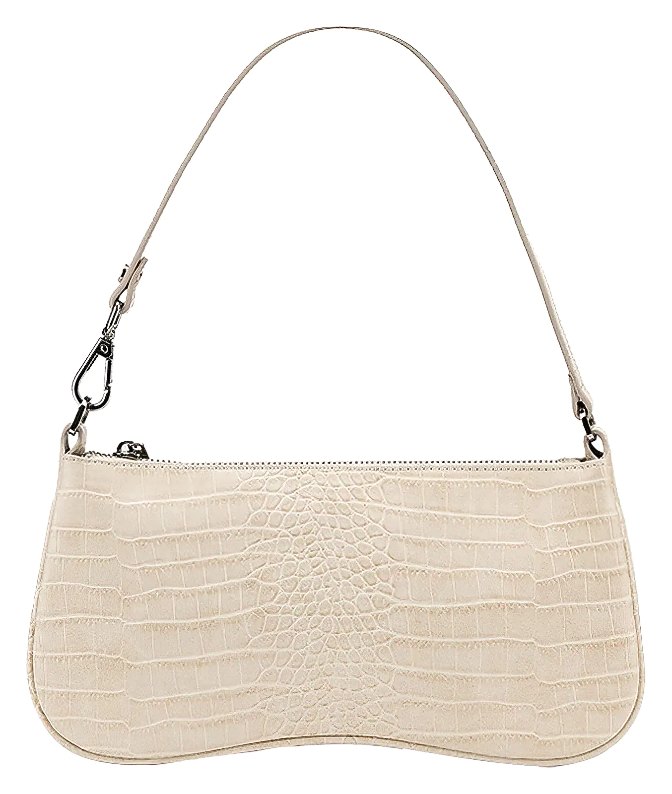 Portrait of a white leather clutch bag with a crocodile skin texture