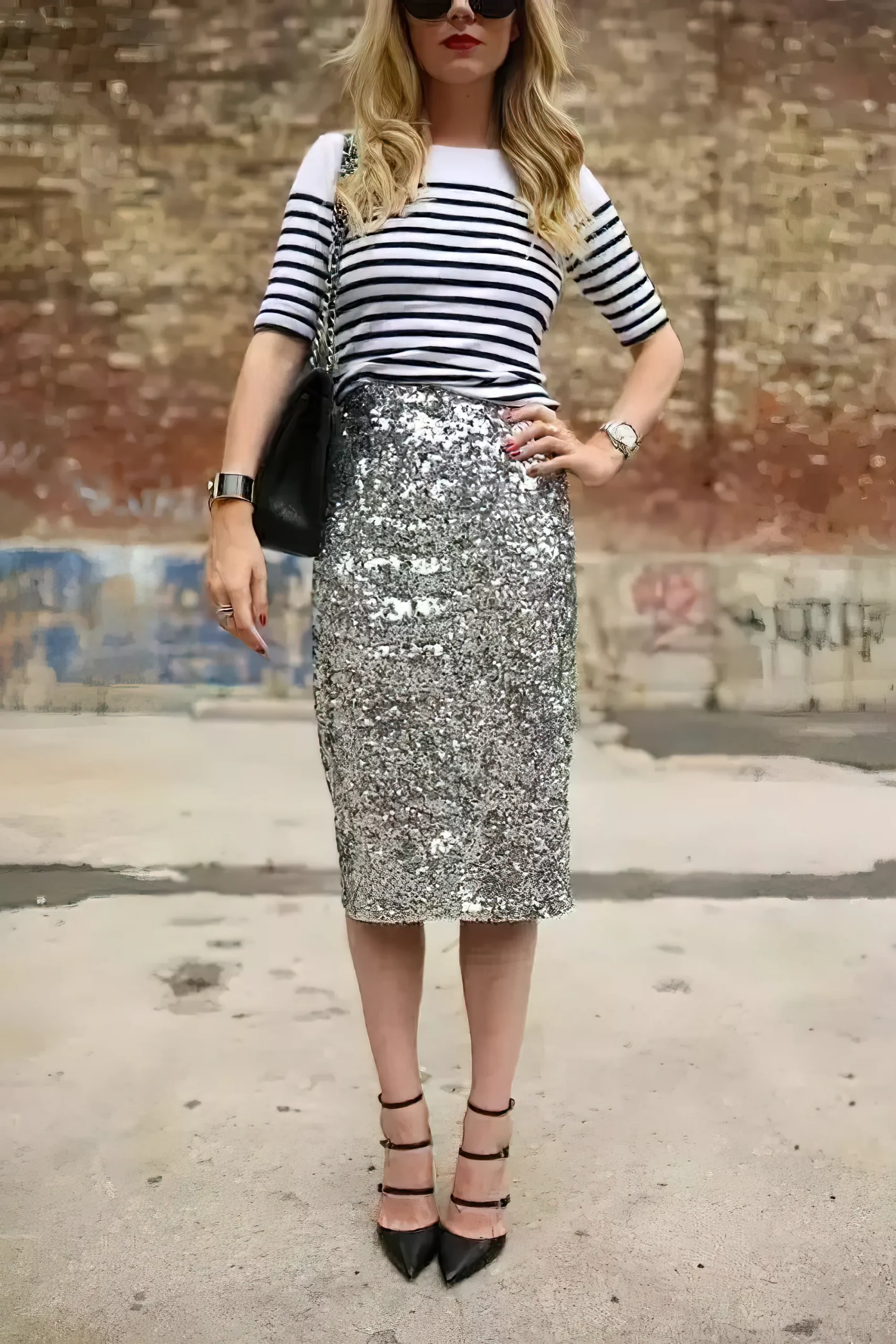 Beautiful woman posing wearing a silver sequin pencil skirt