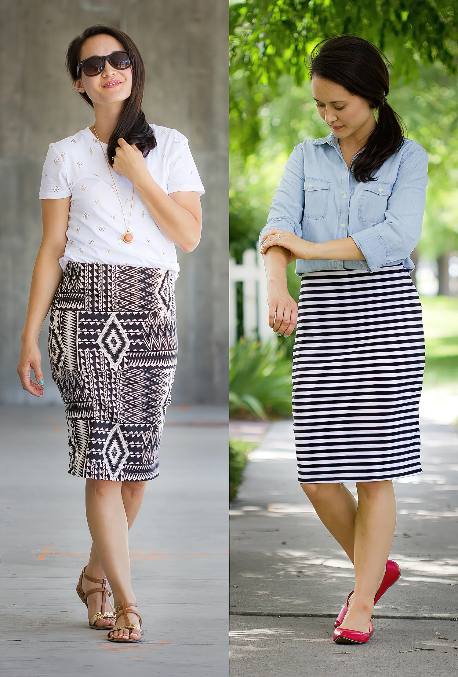 Collage photo of woman wearing a pencil skirt pattern play