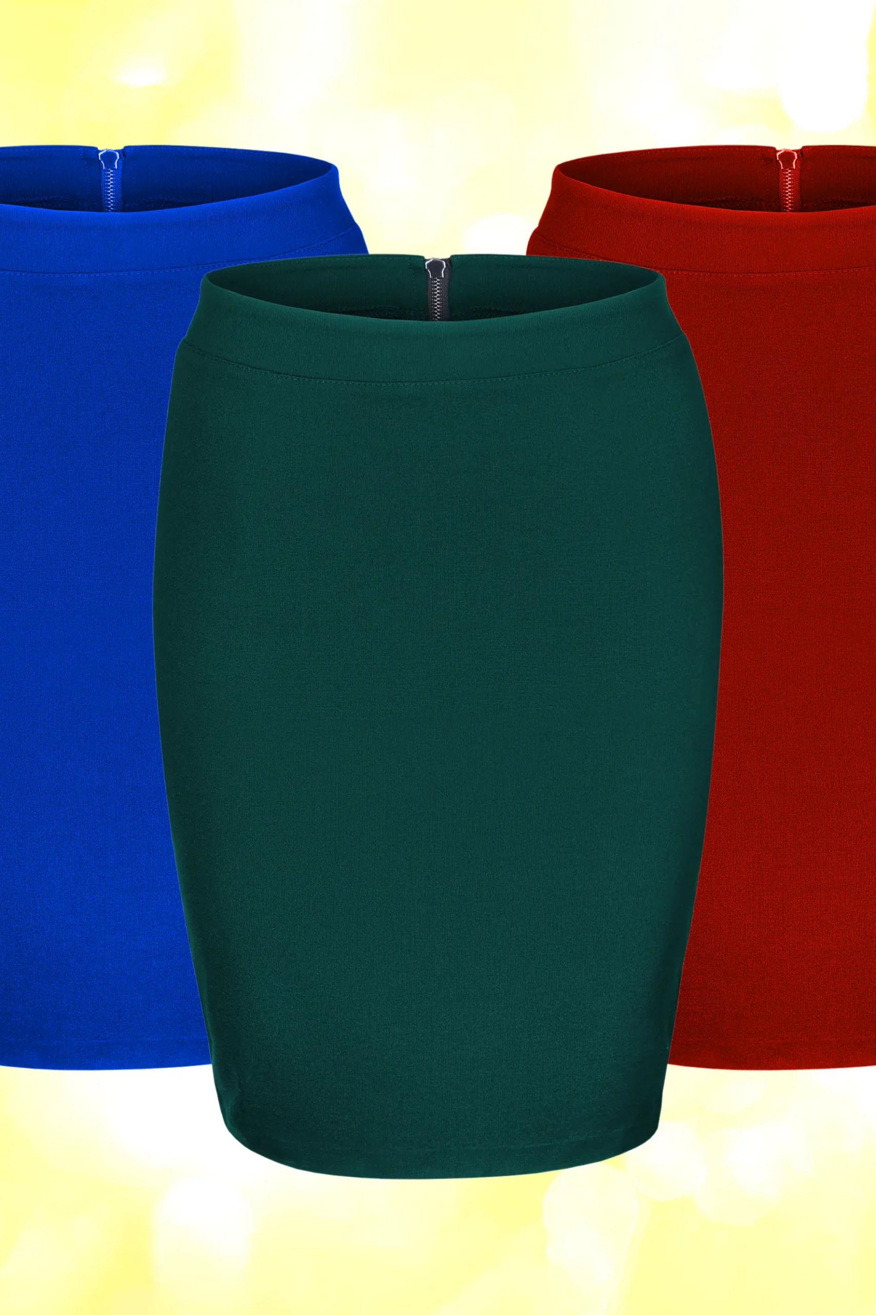 Close up of blue, green and red pencil skirt in yellow background